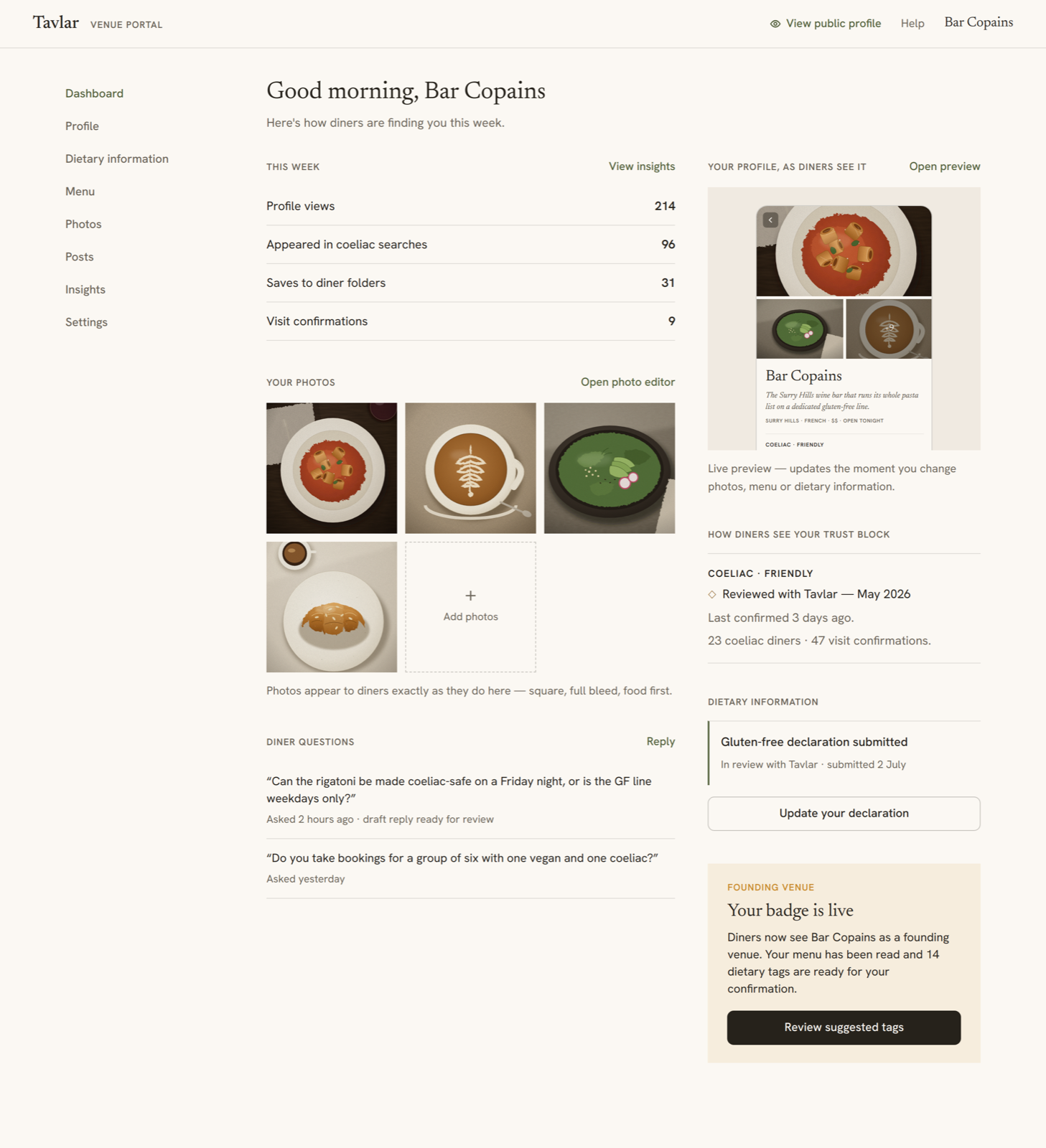 The Tavlar venue portal dashboard, showing weekly insights, photos, diner questions and a live profile preview