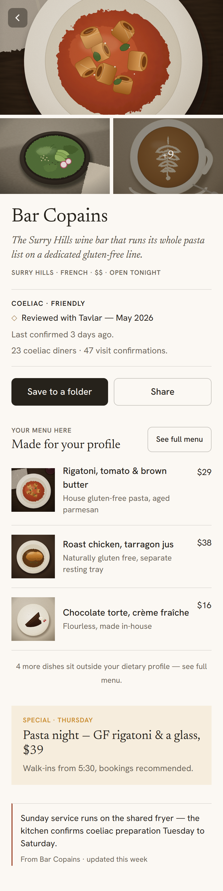 A diner's view of a Tavlar venue profile, showing photos, dietary information and menu highlights